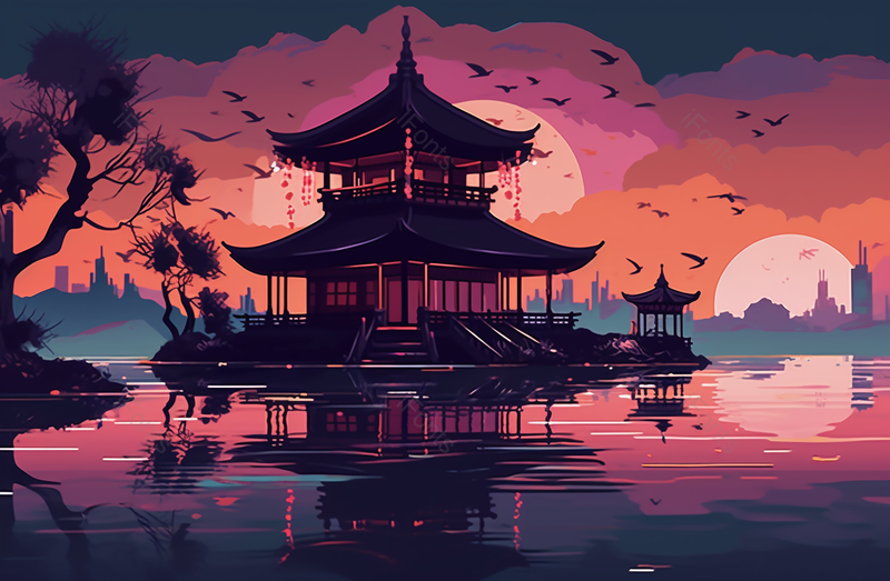 中国风山水凉亭亭台楼阁圆月升起夜空下宁静的湖面插画,插画/手绘图,插画/手绘图库,插画/手绘图下载,插画/手绘